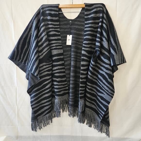 7 For All Mankind Cashmere Wool Zebra Fringe Poncho Gray Black Size OS - Picture 1 of 9